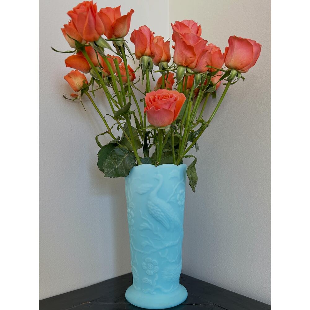 Signed Fenton blue milk glass vase